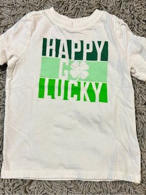 Old Navy White Kids Tee with Green Block 'Happy Go Lucky' Graphic